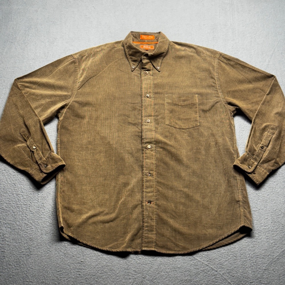 Faconnable Jeans Mens Corduroy Shirt Large Olive Brown Button Down Long Sleeve L